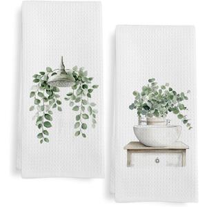 Sage Green Eucalyptus Hand Towels for Bathroom Set of 2, Eucalyptus Botanical Dish Tea Kitchen Towels, Shower Head Plant Hand Towels, Sage Green Bathroom Decor, 16x24 in