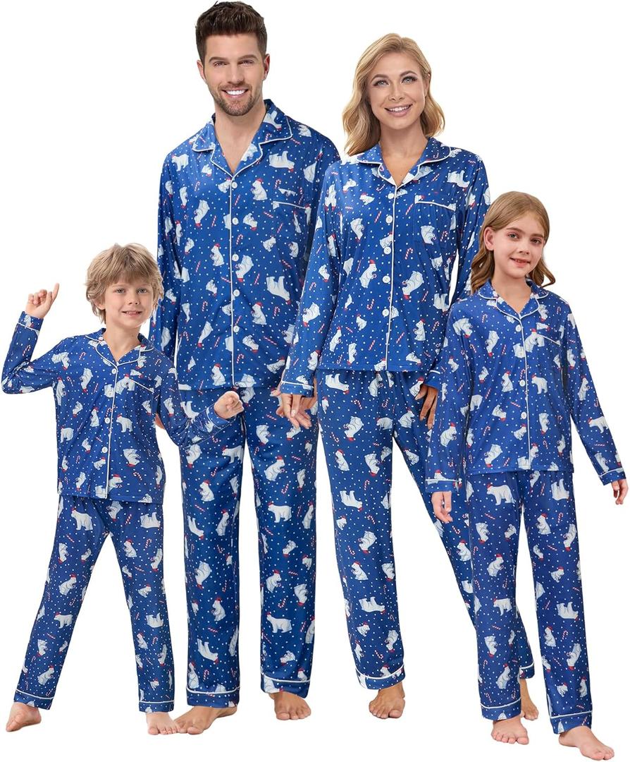 VENTELAN Family Christmas Satin Pajamas Matching Set Silk Long Sleeve Button Down Pjs Sets Holiday Sleepwear for Couples Kids (14 Years, Blue)