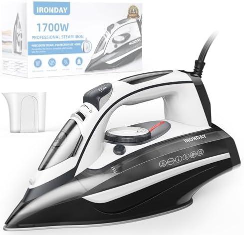 IRONDAY Steam Iron for Clothes 20s Fast Heat-up,1700W Iron with 14.07oz Large Water Tank,Non-Stick Ceramic Soleplate, Anti-Drip, Auto-Off, Burst Steam, Self-Cleaning, Ironing Clothes for Home, Grey
