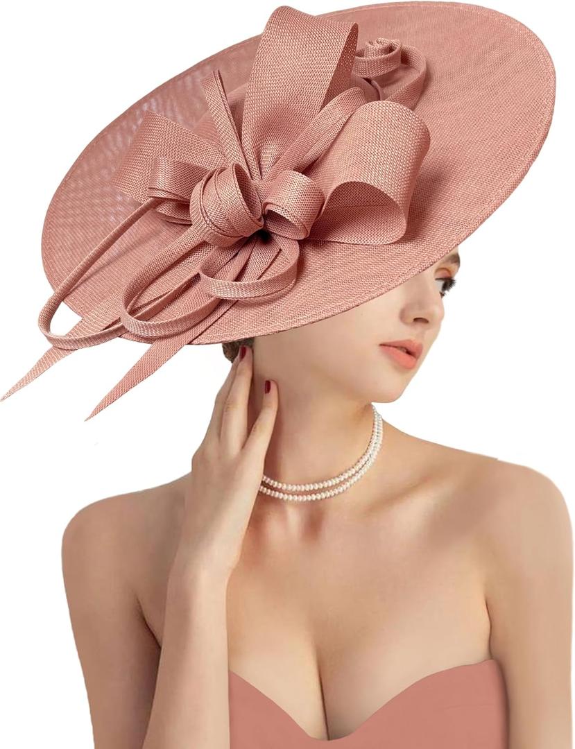 dressfan Church Fascinator Hats for Women,20s 50s Linen Vintage Hat for Derby/Church/Wedding/Cocktail/Tea Party (Pink)