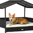 PawHut Wicker Dog House Outdoor with Canopy, Rattan Dog Bed with Water-Resistant Cushion, Raised Dog Bed for Small, Medium Dogs up to 66 lbs, 19.75" in Length, Black Wicker, White Cushion