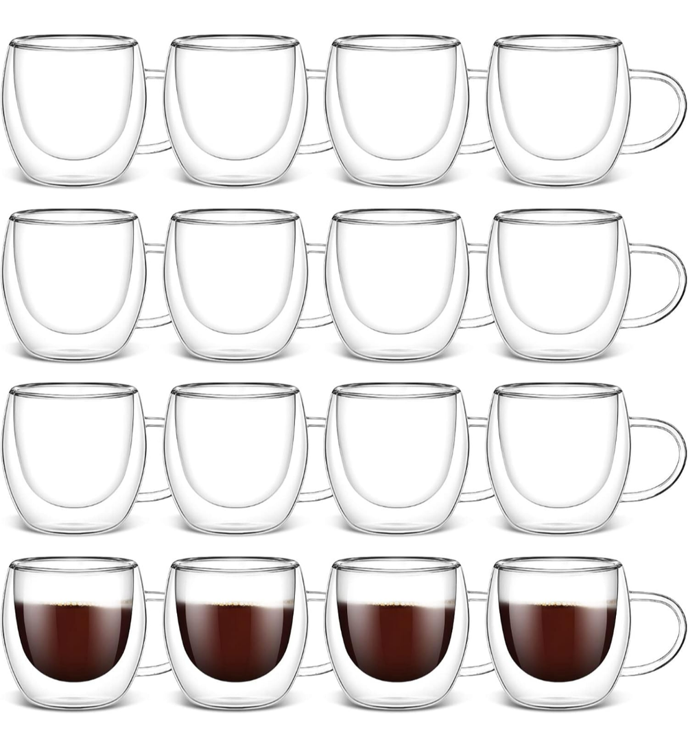 Gerrii 15 Pcs Double Walled Espresso Cups Insulated Clear Tea Cups with Handle Glass Coffee Mug for Cappuccino Latte Beer Tea Bag Beverage (2.5 oz)