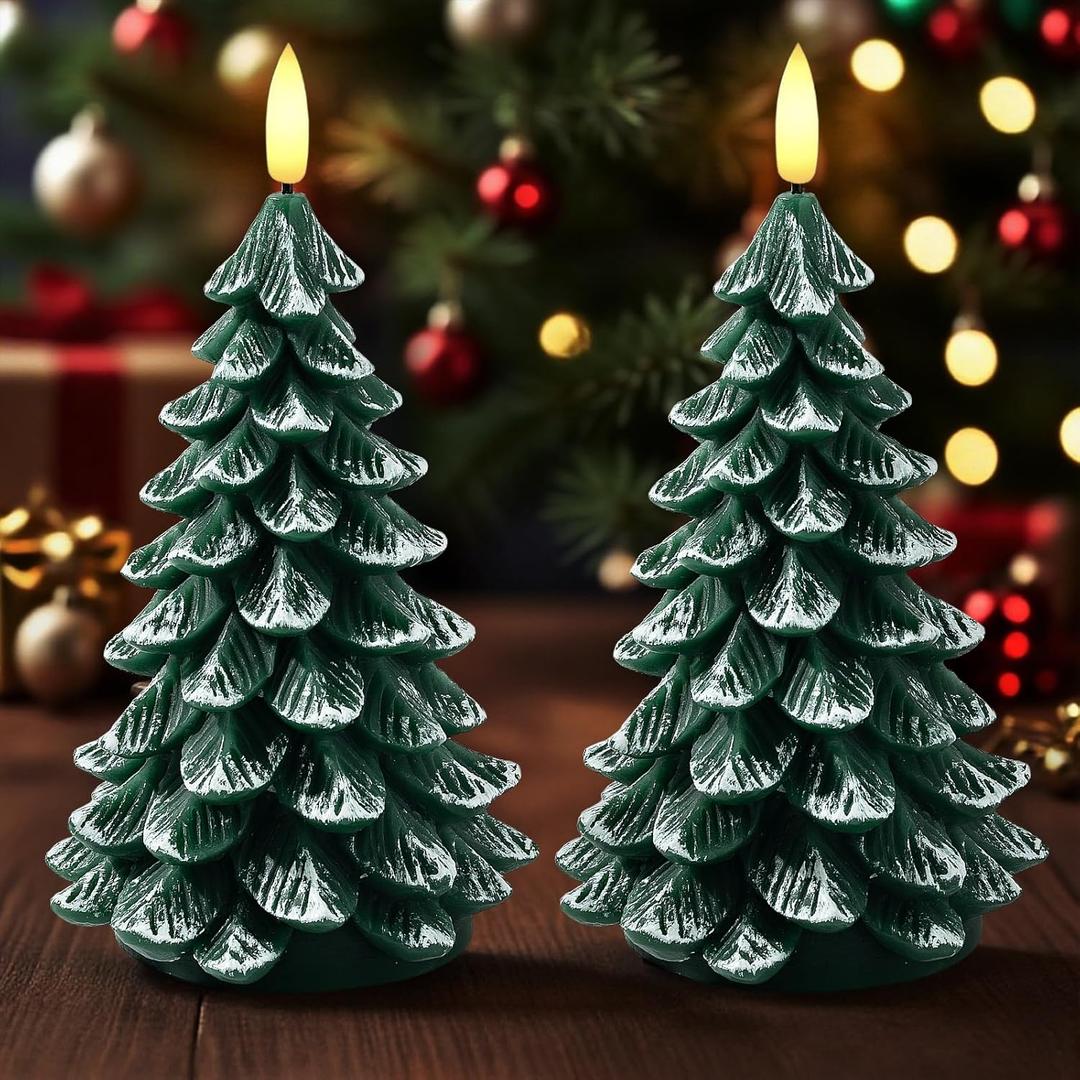 Christmas Decorations Indoor, Christmas Decor - Christmas Tree Candles Battery Operated, Flameless LED Candle Lights with 6H Timer, Xmas Home Decor, Set of 2(Green)