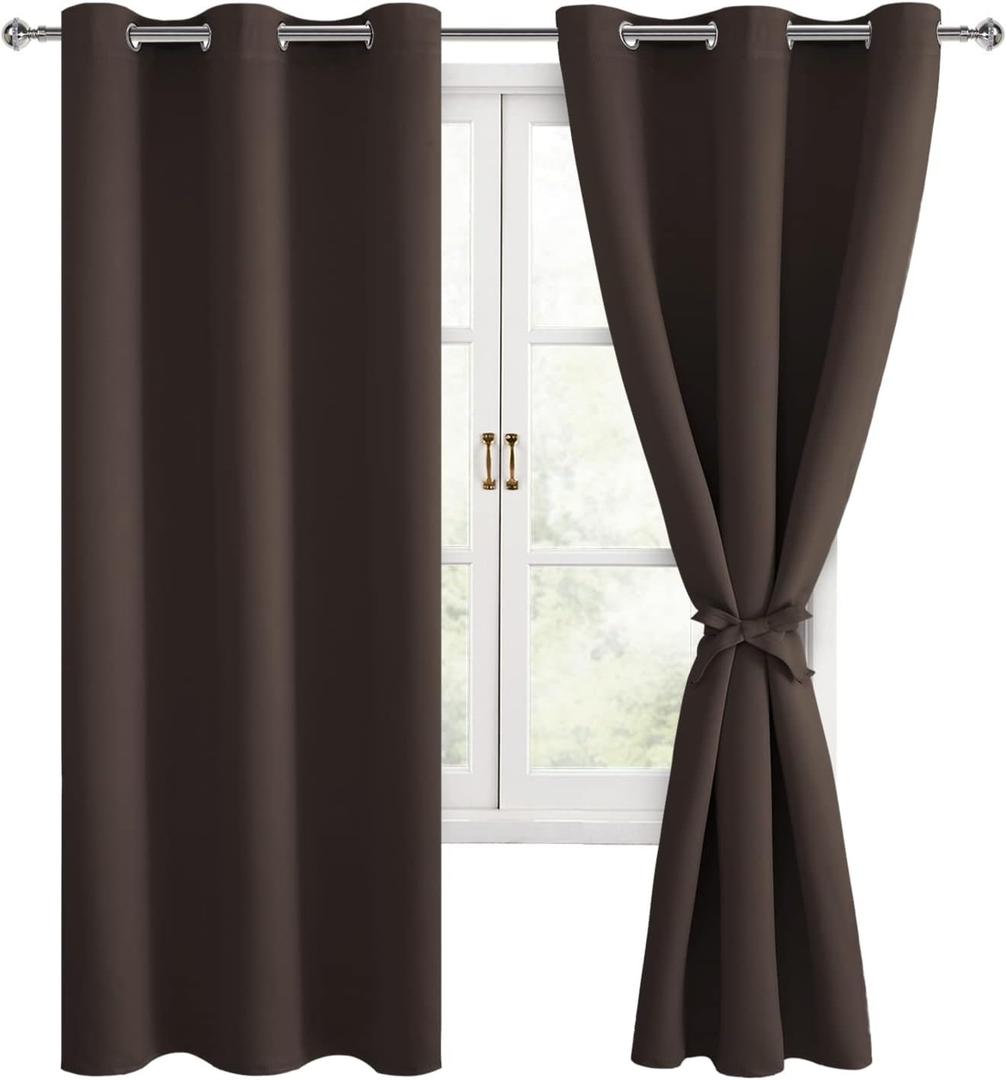Hiasan Blackout Curtains for Bedroom, 38 x 63 Inches Length - Thermal Insulated & Light Blocking Window Curtains for Living Room, 2 Drape Panels Sewn with Tiebacks, Brown