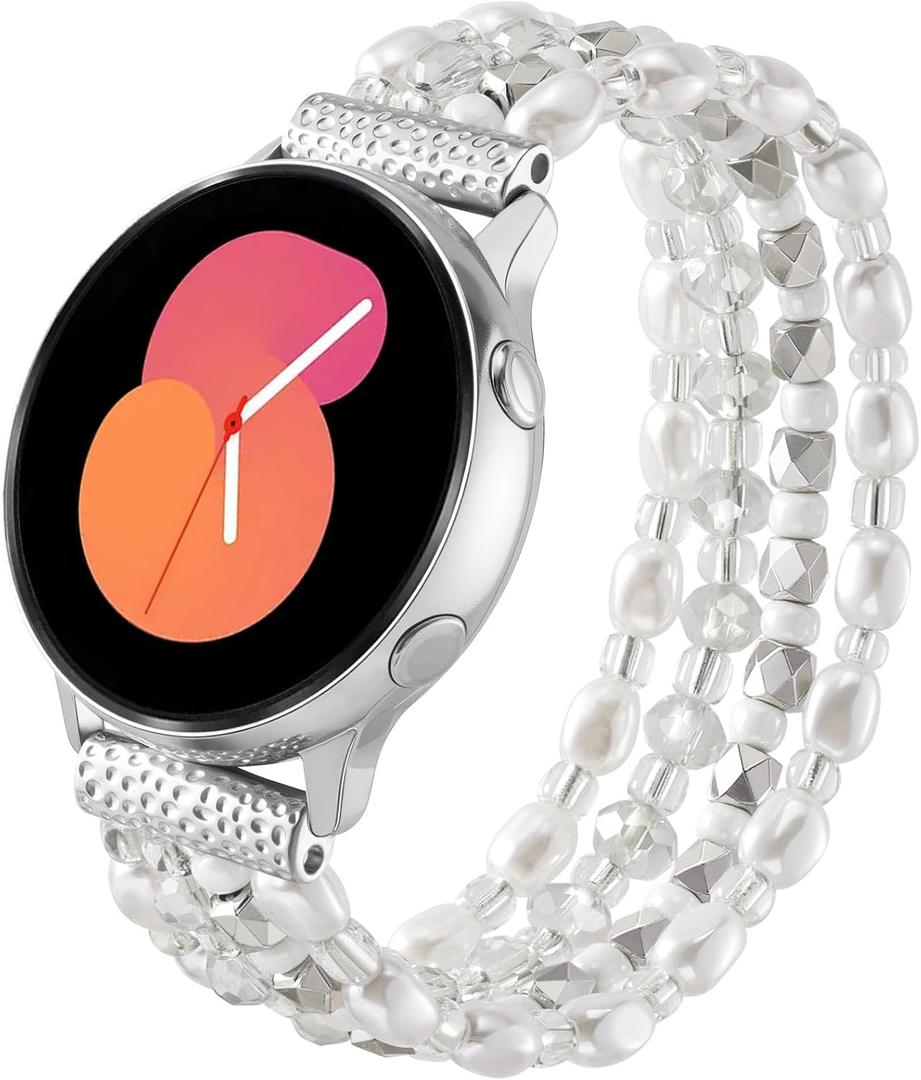 VISOOM Unique Beaded Bracelet Compatible for Samsung Galaxy Watch 8/7/6/5/4 40/44mm Bands/Active 2 Watch 4 Classic 42mm Band Women, 20mm Handmade Cute Stretchy Boho Bracelet for Galaxy Watch 5 pro (Small, Silver)