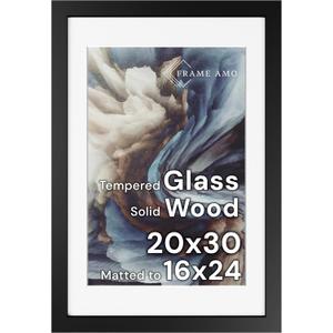 Frame Amo 20x30 Black Solid Wood Poster Frame, White Mat for 16x24 Image, Tempered Glass Front, 1.5 inch Wide, 1 inch Thick, High-End, Heavy-Duty, Gallery Grade & Acid-Free