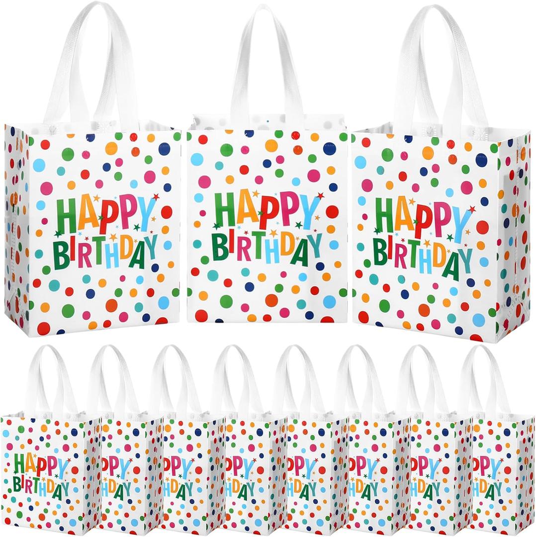 Supervitae 24 Pack Happy Birthday Gift Bags Bulk Medium Rainbow Polka Dot Party Favor Bags Reusable Totes Non Woven Goodie Totes for Birthday Baby Shower Wedding Party Supplies(9.8" x 7.9" x 3.9") (Multicolor)