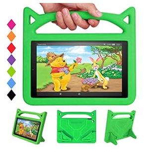 Kids Case Fit ＨＤ10 Tablet (9th/ 7th Gen, 2019/ 2017 Model) Incompatible iPad Nokia Sony 10in Tablet-SHREBORN Lightweight Shockproof Kids Covers with Cute Cat Handle Stand-Green