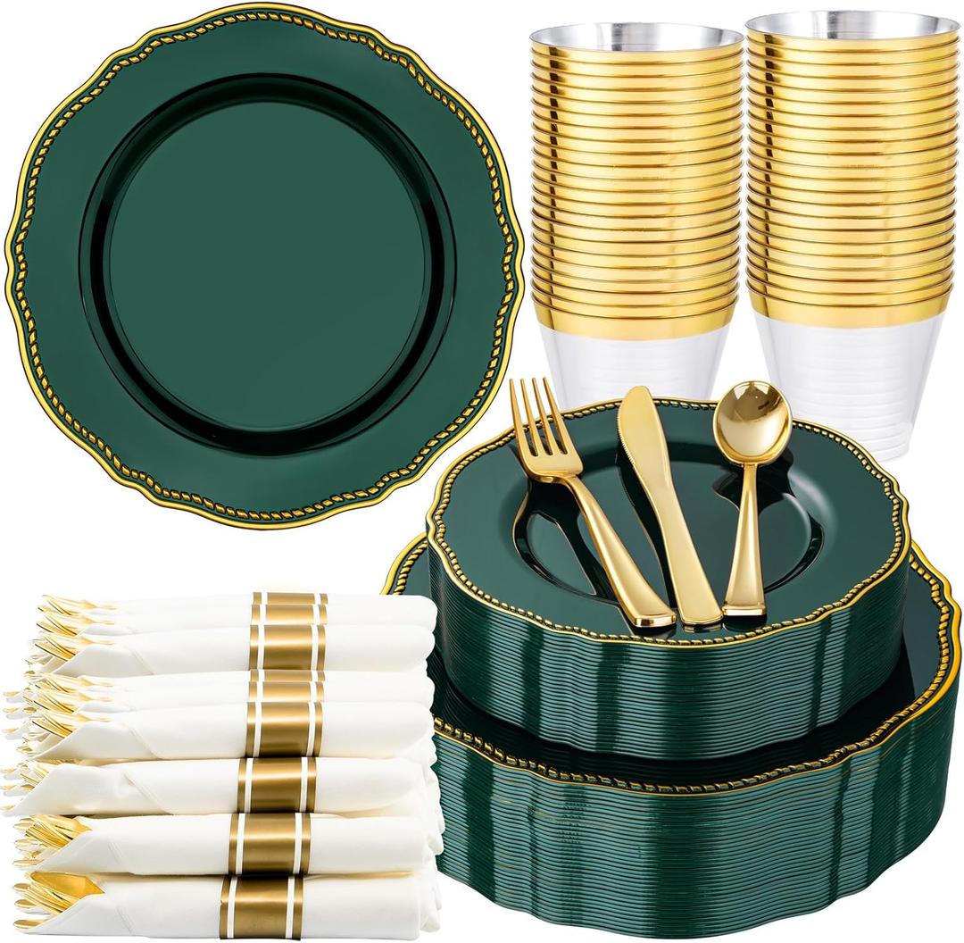 Hioasis 175pcs Green Gold Plastic Plates - Gold Plastic Dinnerware Set Includes 25 Dinner Plates, 25 Dessert Plates, 25 Gold Utensils, 25 Napkins Perfect for Wedding