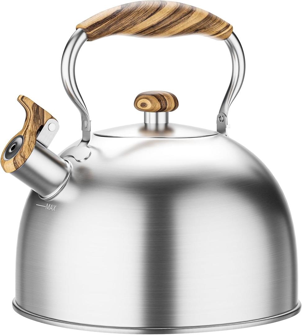 Tea Kettles Stovetop, 2.6 Quart Whistling Tea Kettle for Stove Top, Food Grade Stainless Steel Teapot Tea Pot with Wood Pattern Handle for Home Kitchen, Brushed Silver
