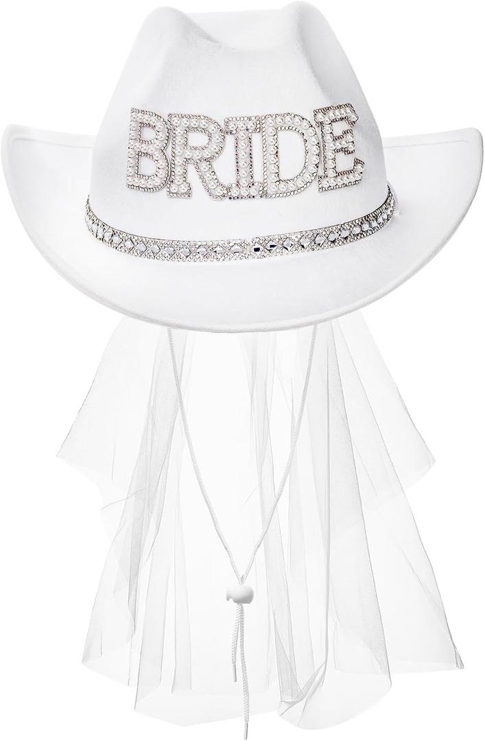 Frcctre Bride Cowboy Hat with Veil, White Pearl Bride Cowgirl Hat for Wedding Bridal Shower Bachelorette Party Decoration Western Party Dress Up Accessories