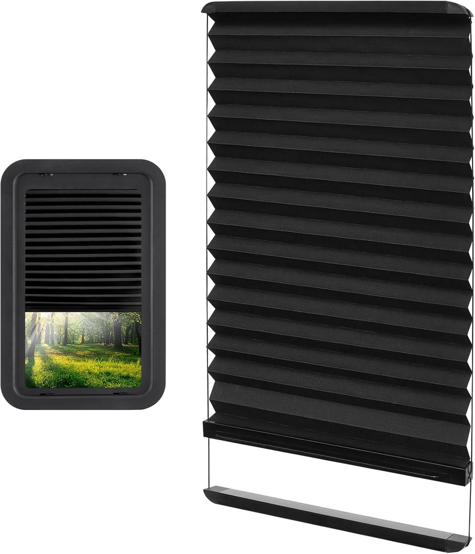 RV Thin Pleated Shade Replacement Compatible with Lippert Prepped Entry Doors/Thin Shade Ready Lippert Entry Door, 12 x 21 RV Window Blinds for Camper Travel Trailers (Black)