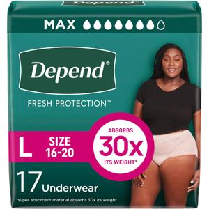 Depend Fresh Protection Adult Diapers, Incontinence Underwear for Women, Disposable, Maximum, Large, Blush, 17 Count