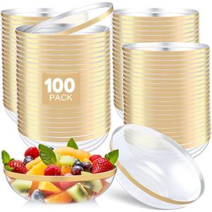 Newtay 100 Pcs 12 oz Disposable Plastic Soup Bowls with Gold Rim Disposable Bowl for Party Dessert Candy Ice Cream Snacks Heavy Duty Elegant Salad Dish for Birthday Wedding Event Use (Clear Gold Edge)