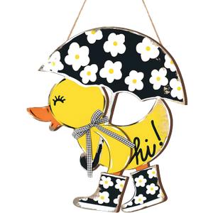 Menkxi Hello Spring Door Sign for Front Door Wooden Spring Doors Hanger Wreath Rustic Floral Yellow Duck Porch Decor with Bow Hanging Decorations for Indoor Outdoor Home Porch Wall Easter Decor