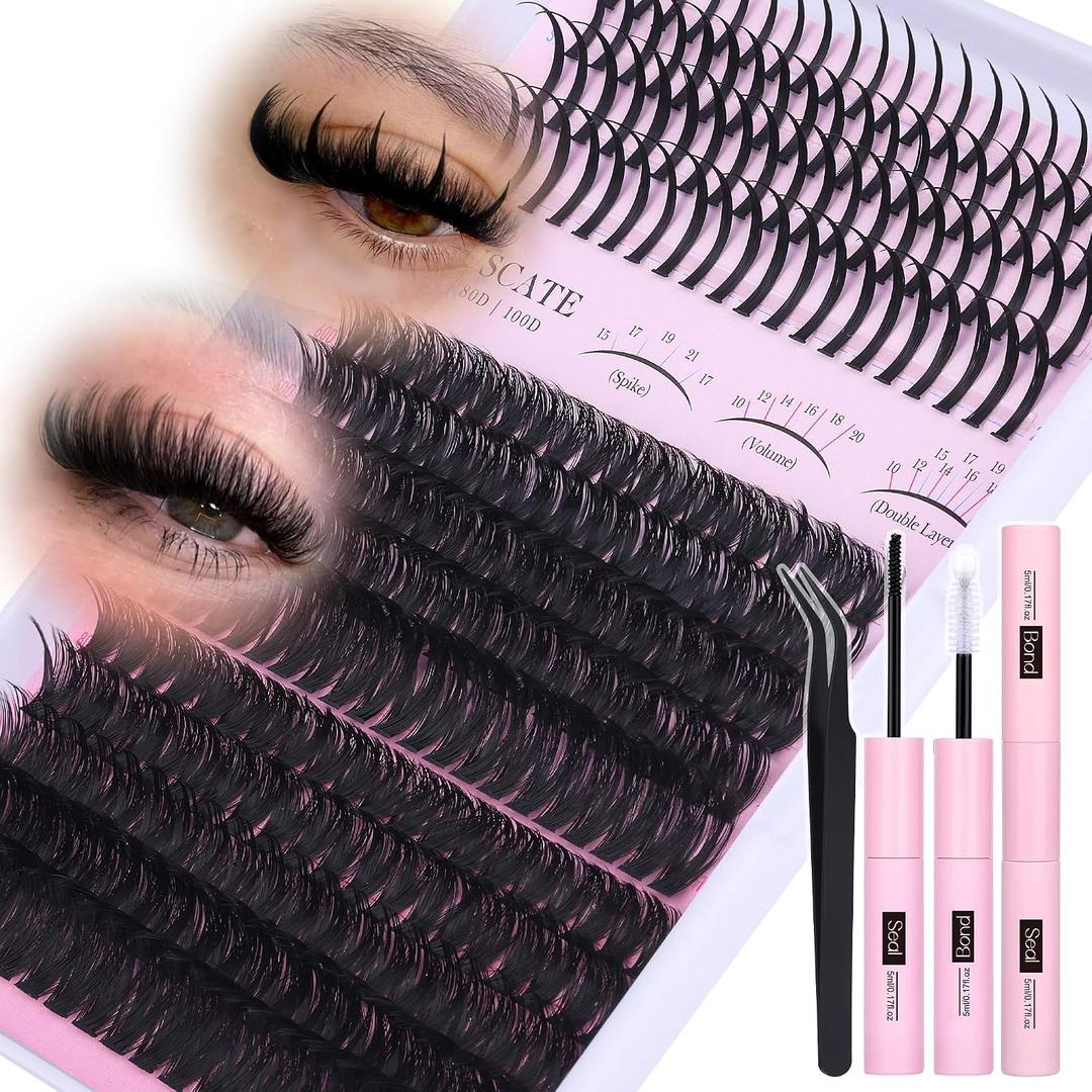 CORUSCATE Lash Clusters Kit 60D80D with Lash Spikes Eyelash Clusters Volume Cluster Eyelash Extensions Kit 10-21mm DIY Spiky Individual Lashes Extension Kit Mega Eyelashes Mink Strip Cluster Lashes