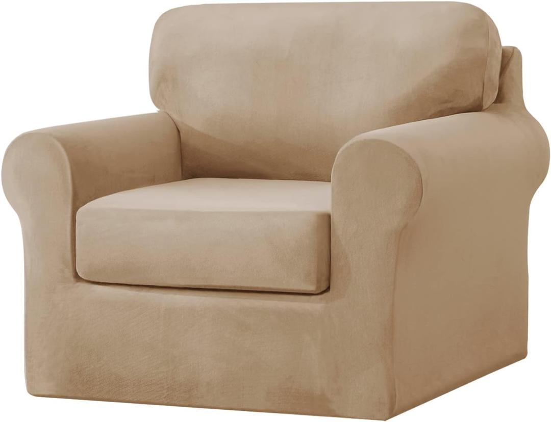 vctops 3 Pieces Velvet Stretch Armchair Sofa Cover for 1 Seater Couch Soft Washable Sofa Slipcover with Individual Backrest and Cushion Cover for Kids Cats Dogs (Light Coffee,1 Seat)