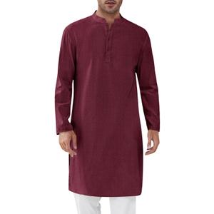 Runcati Mens Kaftan Thobe Textured Henley Shirt Long Sleeve Robe Casual Muslim Gown Shirt, Size: Medium