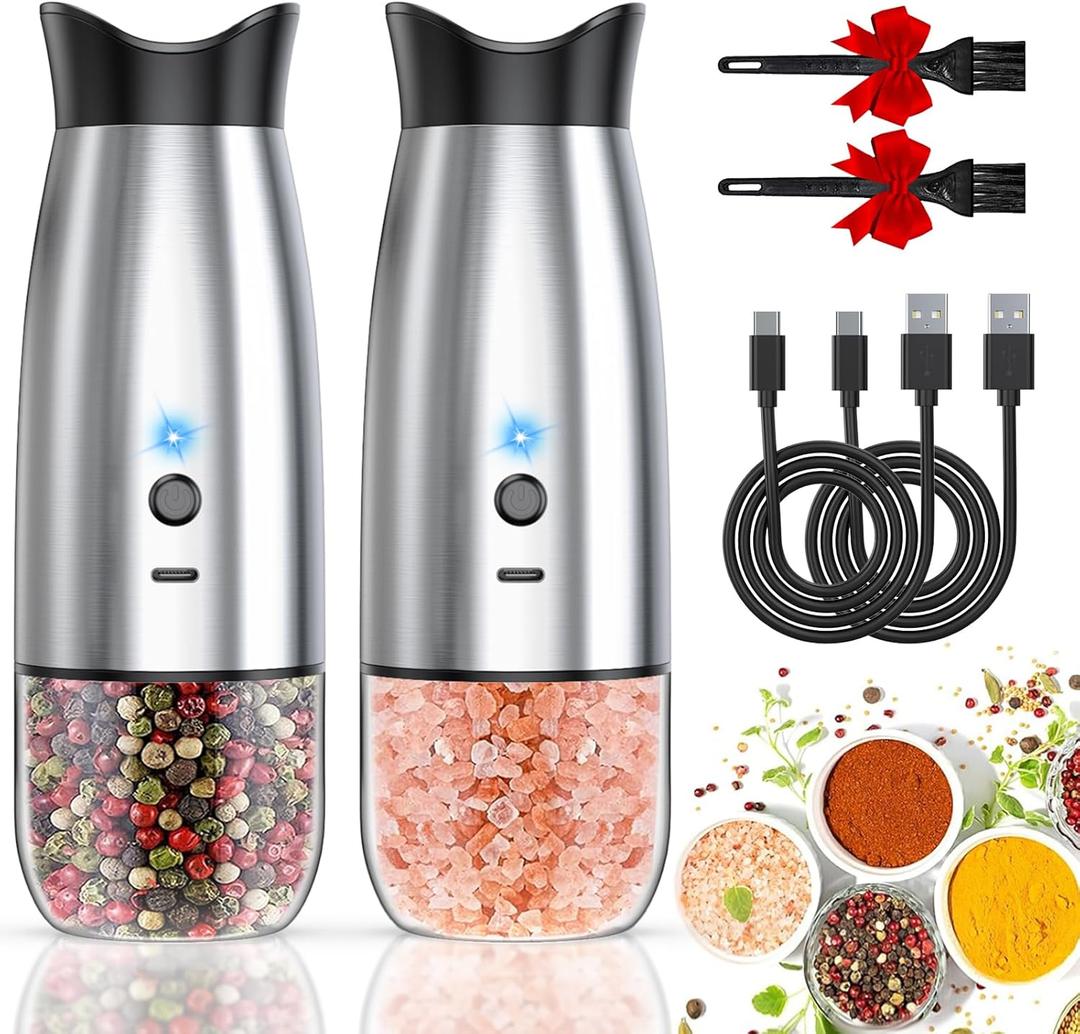 Gravity Electric Salt and Pepper Grinder Set, USB Rechargeable, No Battery Needed, Adjustable Coarseness, Automatic Mill Grinder with Warm LED Light, One Hand Operated for Kitchen, Restaurant, Outdoor (Silver)
