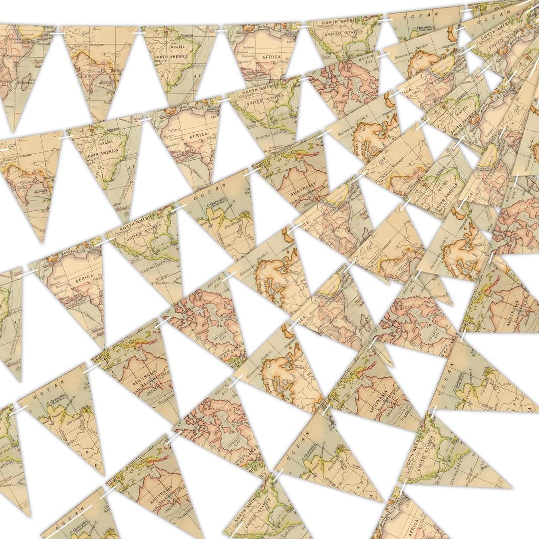 5PCS Bon Voyage Party Decorations 41FT Pre-Strung Vintage Map Travel Themed Bunting Banner, Adventure Awaits Triangle Flags Pennant Garland for Going Away, Graduation, Retirement, Farewell