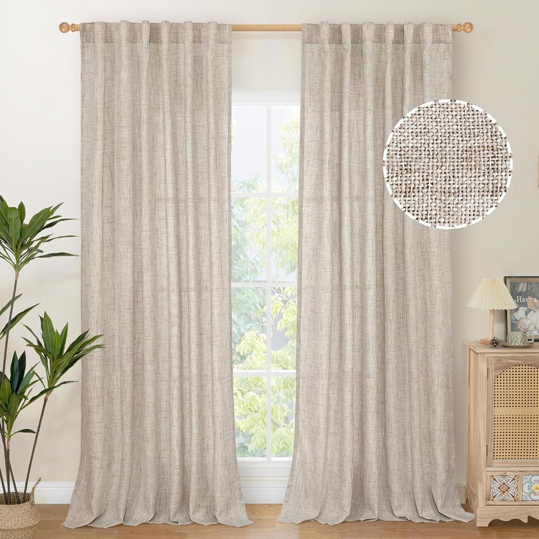 YoungsTex Extra Long Linen Curtains 95 Inch Length for Living Room, Beige Semi Sheer Drapes with Rod Pocket Back Tab Light Filtering for Dining Bedroom, Natural Beige, 2 Panels, 52 X 95 Inch