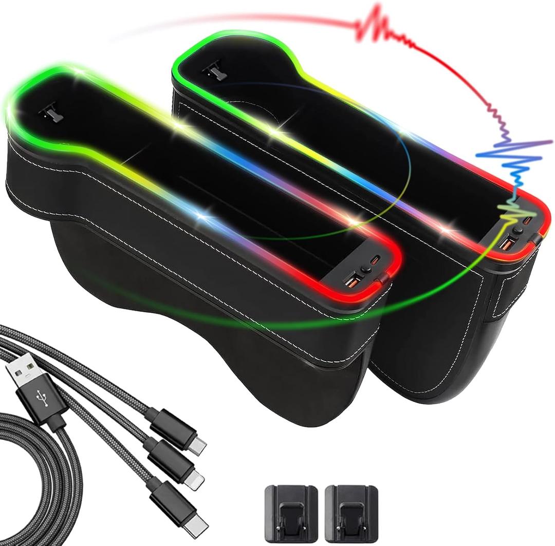 SUYUDSM Car Seat Gap Filler, Upgraded Music Rythm Mode LED Light Car Gap Filler with Cup Holder USB and Type-C Charger 10 Light Modes (2 Pack), (23-GF26)
