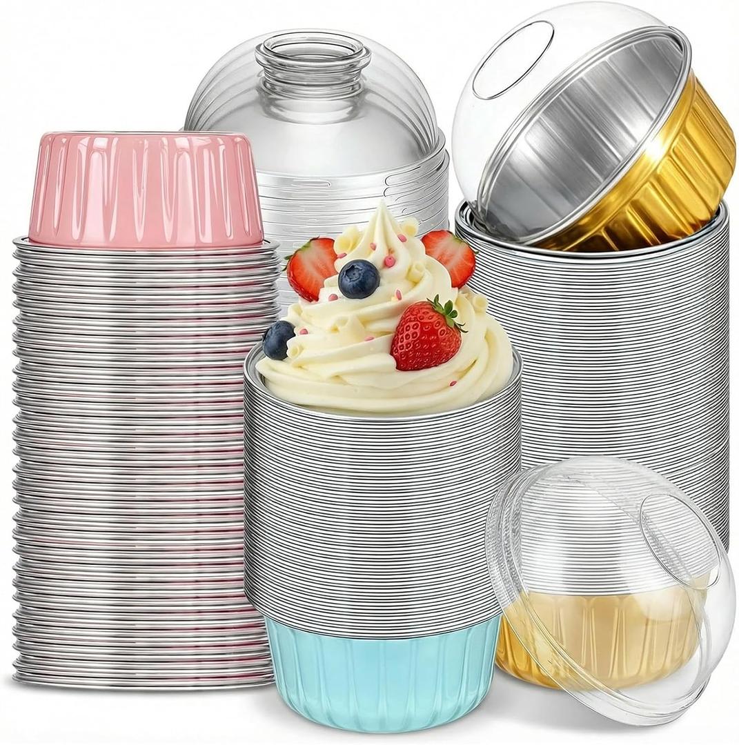 150Pcs Mini Cake Pans with Lids, 5 oz Disposable Aluminum Foil Ramekins Muffin Tin, Round Cupcake Baking Cups, Foil Cupcake Containers for Creme Brulee (Gold, Pink, Blue)
