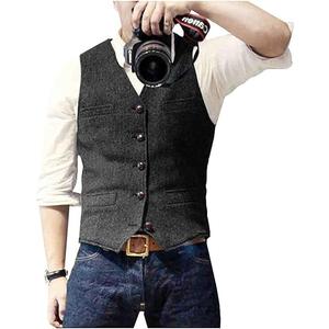 Ceehuteey Mens Suit Vest Waistcoat Tweed Retro V Neck Wool Herringbone for Prom (Black), Large