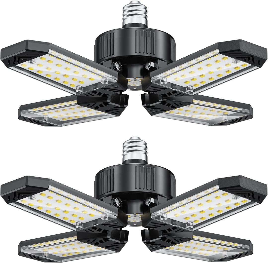 Garage Light, 2 Pack 120W 12000LM LED Garage Ceiling Lights 6500K, 4 Panels Deformable Shop Lighting Screw into E26 E27 Bulb Socket, LED Light for Shop, Workshop, Basement, Attic, Bay