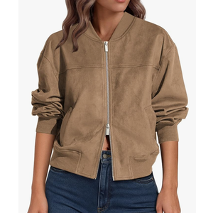 Lazysmile Women's Faux Suede Bomber Jackets Fall Fashion Outfits Winter Clothes Stand Collar Zip Up Coats Outwear S