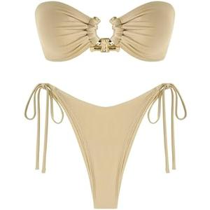 ZAFUL Metal Ring Bandeau Bikini Set Tie Side Bathing Suit High Cut 2 Piece Swimsuit Cutout Swimwear, S