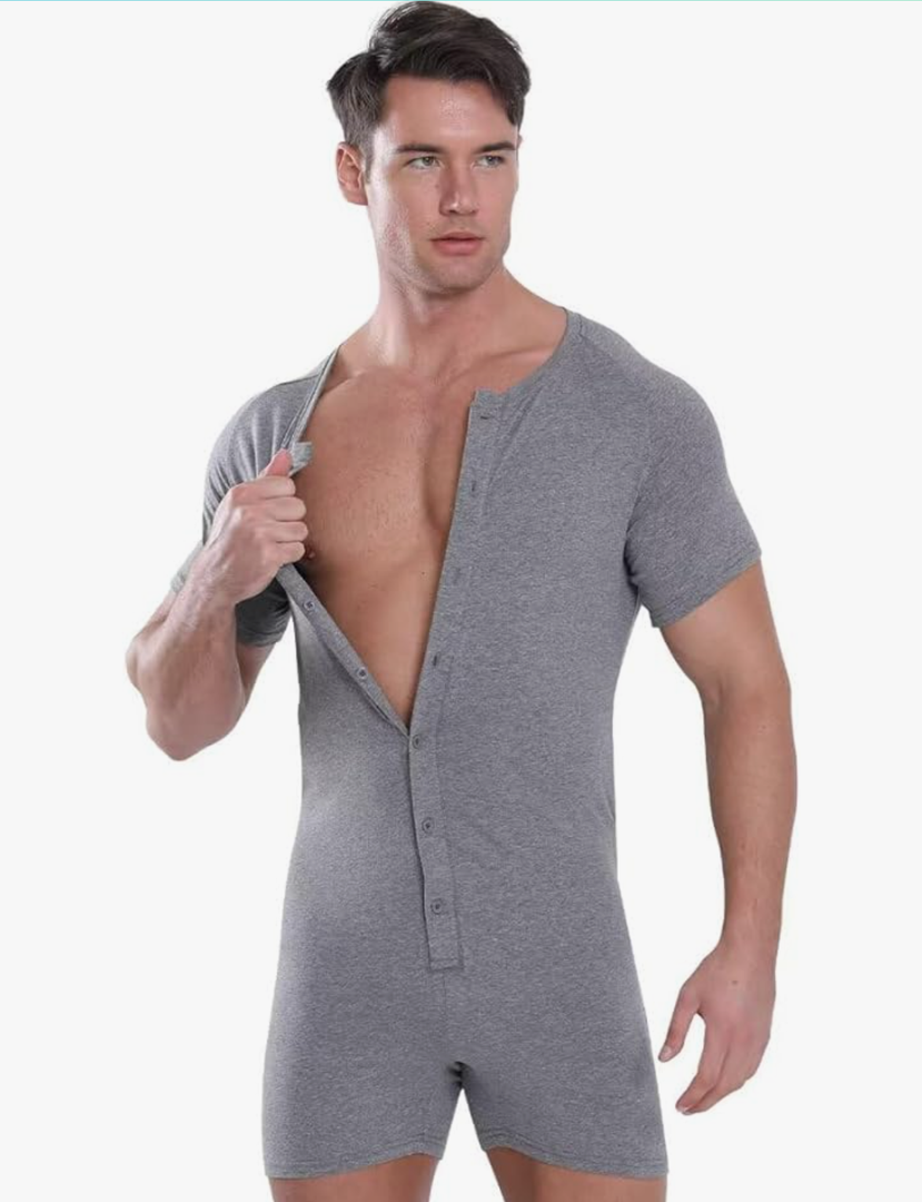 Mens Short Sleeve Onesie Bodysuit Henley Jumpsuit One Piece Pajamas Rompers L