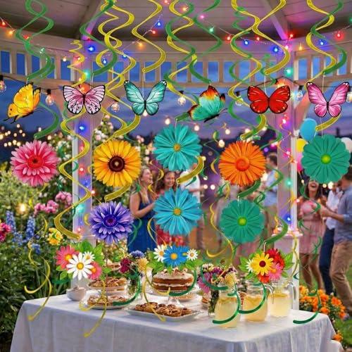 Spring Decor for Home - 49Pcs Hanging Flower Butterfly Hanging Swirls with Led Lights for Spring Summer Easter Flower Butterfly Themed Birthday Party Decorations (Flower)