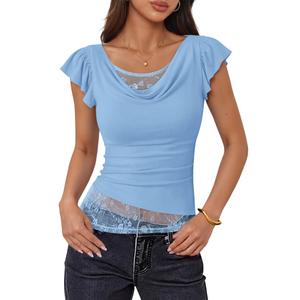 ZESICA Women's Summer Going Out Tops Ruffle Short Sleeve Cowl Neck Shirts (Blue, M)