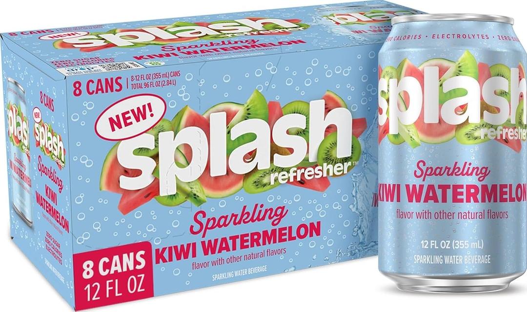 SPLASH REFRESHER Sparkling Water, Kiwi Watermelon - 8-Pack, 12 Fl Oz Cans - Flavored Carbonated Seltzer Water with Electrolytes, Zero Sugar & Zero Calories (EXP 04/16/27)