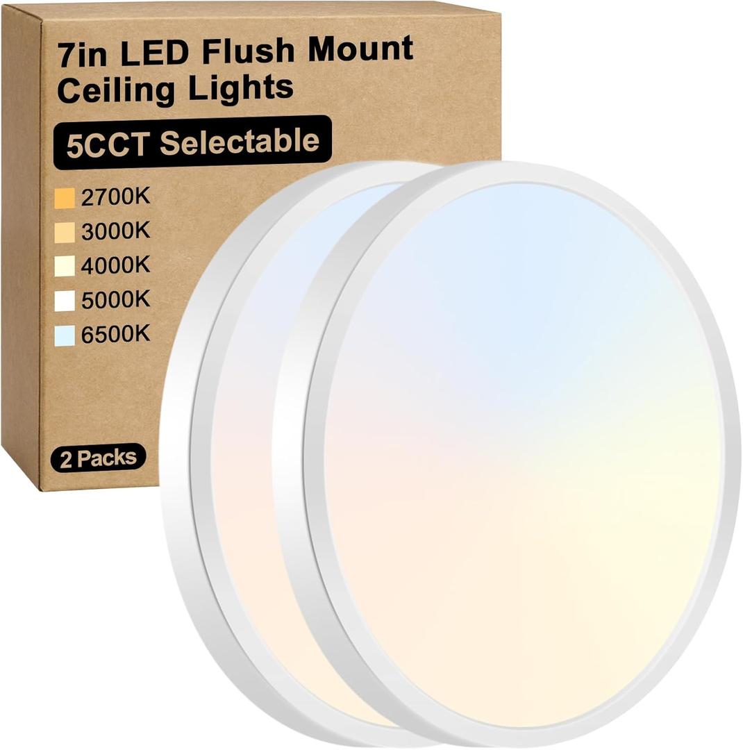 Brightever 7 Inch Flush Mount Ceiling Light, 12W 1200LM LED Ceiling Light Fixtures, 2700K/3000K/4000K/5000K/6500K Selectable, 0.67 Inch Ultra Thin Flat Ceiling Lights for Bedroom Closet, 2 Packs (5CCT-White)
