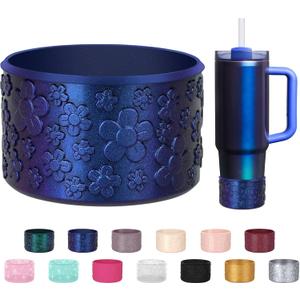 Flower Gradient Silicone Boot, Compatible with Stanley Quencher Adventure 40oz 30oz & IceFlow 20oz 30oz Tumbler, Protective Chameleon Cup Sleeve, Bottom Cover for Hydroflask 12oz-24oz (Navy Blue)