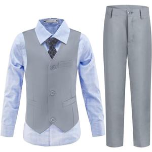 Boys Suits Toddler Formal Suit Set Kids Ring Bearer Outfit for Teen Boys Wedding Tuxedo Communion Dress Clothes (5, Light Gray-plaid Shirt)