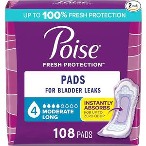 Poise Incontinence & Postpartum Pads for Bladder Leaks, 4 Drop Moderate Absorbency, Long Length, 108 Count