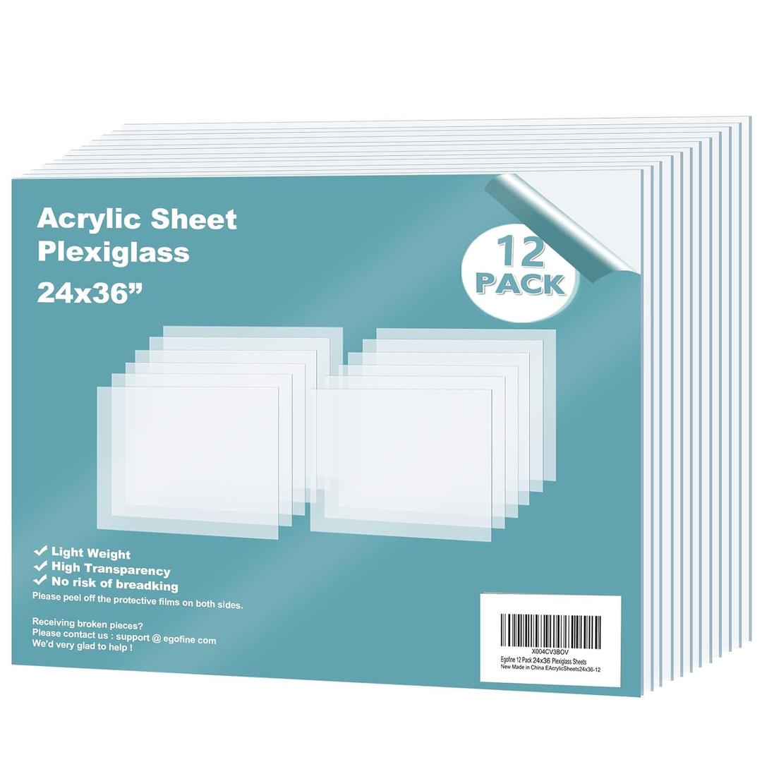 Egofine Plexiglass Sheets Acrylic Sheets 12 Pack of 24x36 0.04 Thick Clear Plastic Cast Transparent Plexi Glass for Crafting Projects, Replacement Picture Frame Glass, DIY Display, Easy to Cut