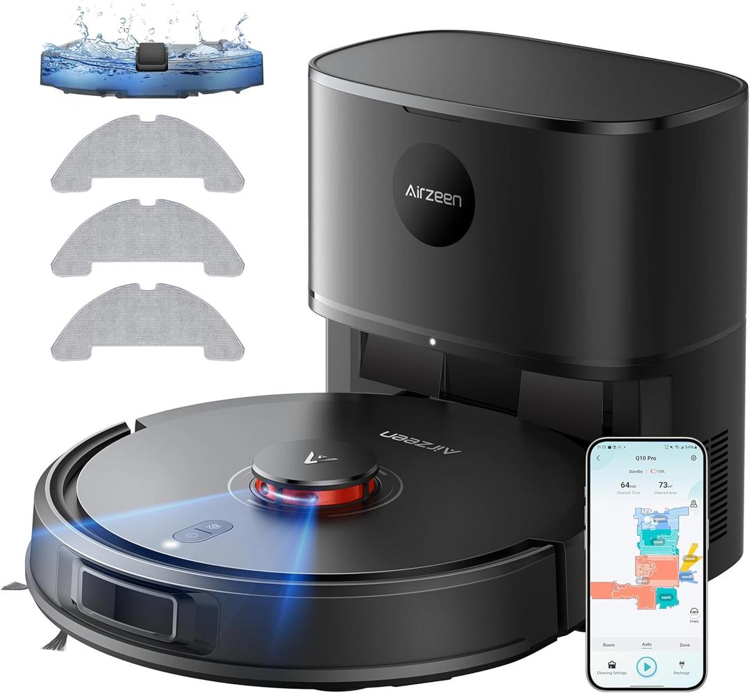Robot Vacuum and Mop, Self-Emptying Robot Vacuum Cleaner with 5000Pa Suction, Laser Navigator with Smart Mapping Robotic Vacuums, 150Mins Runtime,Schedule,App Alexa Control for Carpet/Pet Hair,Q10 pro (Medium, Black)
