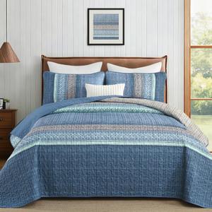 Cottolester Blue Quilt Set King Size,3 Pieces Striped Patchwork Quilted Bedding Sets,Soft Lightweight King Bedspreads Coverlets Bedding Set for All Seasons 110"x90"