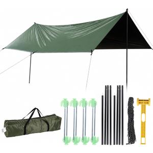 Waterproof Camping Tarp Hammock Rain Fly -14.7×9.8ft with 2 Poles, Mutifunctional Tent UV Protection Lightweight Tarp, for Camping, Outdoor, Traveling, Hiking (Quadrilateral, Green), 3x4.5m