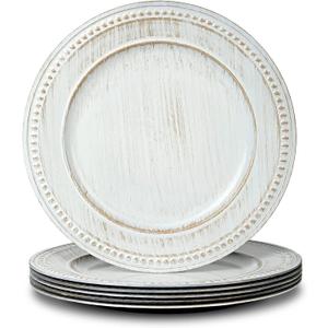 13" Vintage Charger Plates, Beaded Chargers for Dinner Plates Set of 6, Charger Plates Bulk Wedding, White
