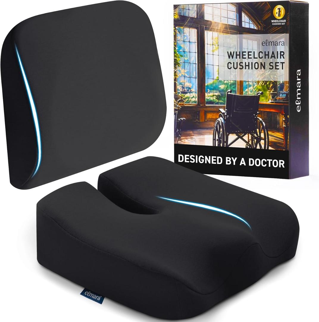 Elmara Doctor-Designed Wheelchair Seat Cushion Set  The Ultimate Comfort Solution  Thick Wheelchair Cushions Relieve Back & Sciatica Pain  Wheel Chair Cushions for Seniors, Wheelchair Pad (Black)