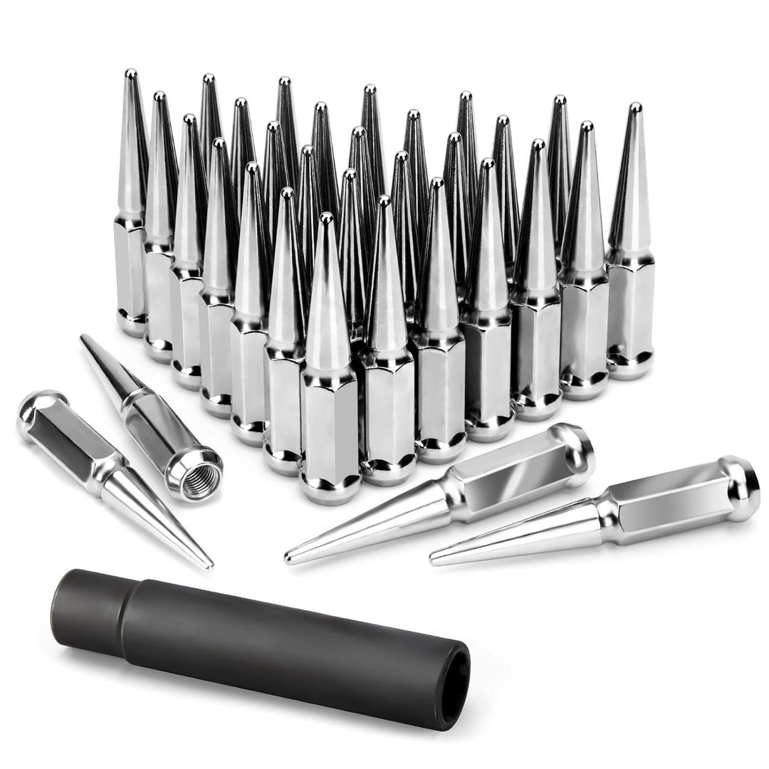 KSP M14X1.5 Spike Lug Nuts, 32PCS Chrome 14mmx1.5 Wheel Spiked Lug Nut for Silverado Sierra 1500 2500 3500 F150 F250 F350, 19mm Hex Closed End Nut with 1 Socket for Aftermarket Wheel