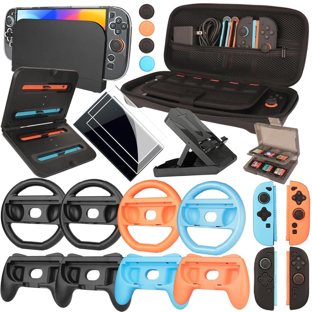 Accessories for Switch 2 - Family Bundle for Nintendo Switch 2,Carry Case,Portable Joy Con Charger,4 Pack Steering Wheels and Hand Grips,Dockable Case Kit,Stand and More