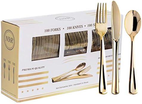 N9R 300PCS Gold Plastic Silverware, Heavy Duty Gold Plastic Cutlery Set Disposable Flatware Dinnerware, 100 Forks, 100 Spoons, 100 Knives, Perfect for Party, Wedding and Daily Use N9R 300PCS Gold Plastic Silverware, Heavy Duty Gold Plastic Cutlery Set Disposable Flatware Dinnerware, 100 Forks, 100 Spoons, 100 Knives, Perfect for Party, Wedding and Daily Use