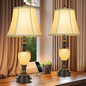27'' High Vintage Table Lamp Set of 2 for Living Room Farmhouse Bedside Lamp with Fabric Shades Boho Nightstand Lamp with USB and Nightlight for Bedroom Home Office Hotel Bar (Bulb Included)