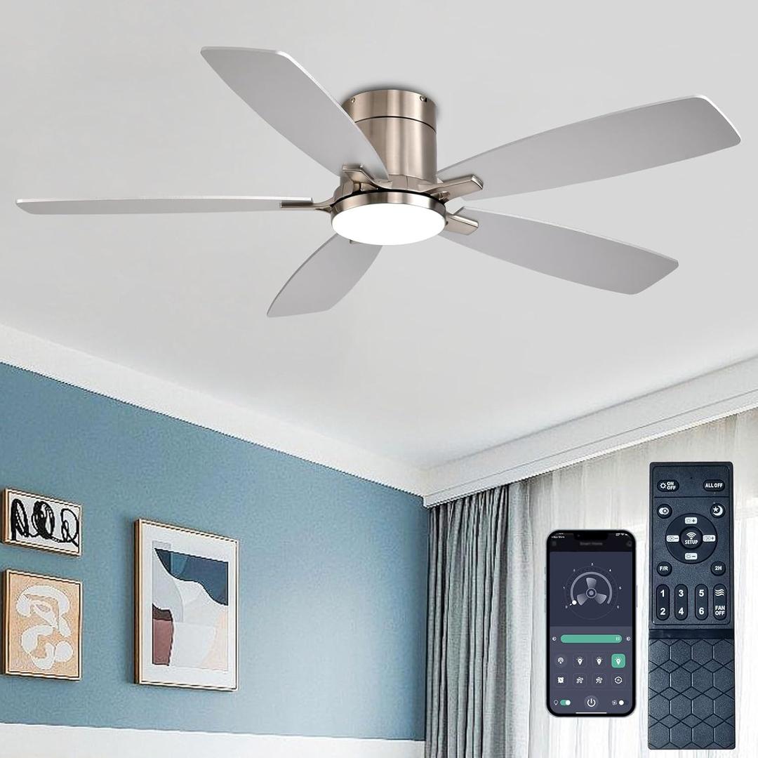 52 Inch Low Profile Ceiling Fans with Lights and Remote, Flush Mount Modern Ceiling Fan, 3CCT Dimmable DC Ceiling Fan for Bedroom, Living Room, Brushed Nickel